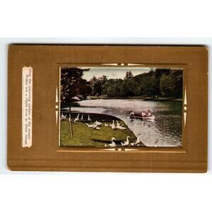 Vintage Scenic Postcard with Boat and Geese on Stream 5.5x3.5 in